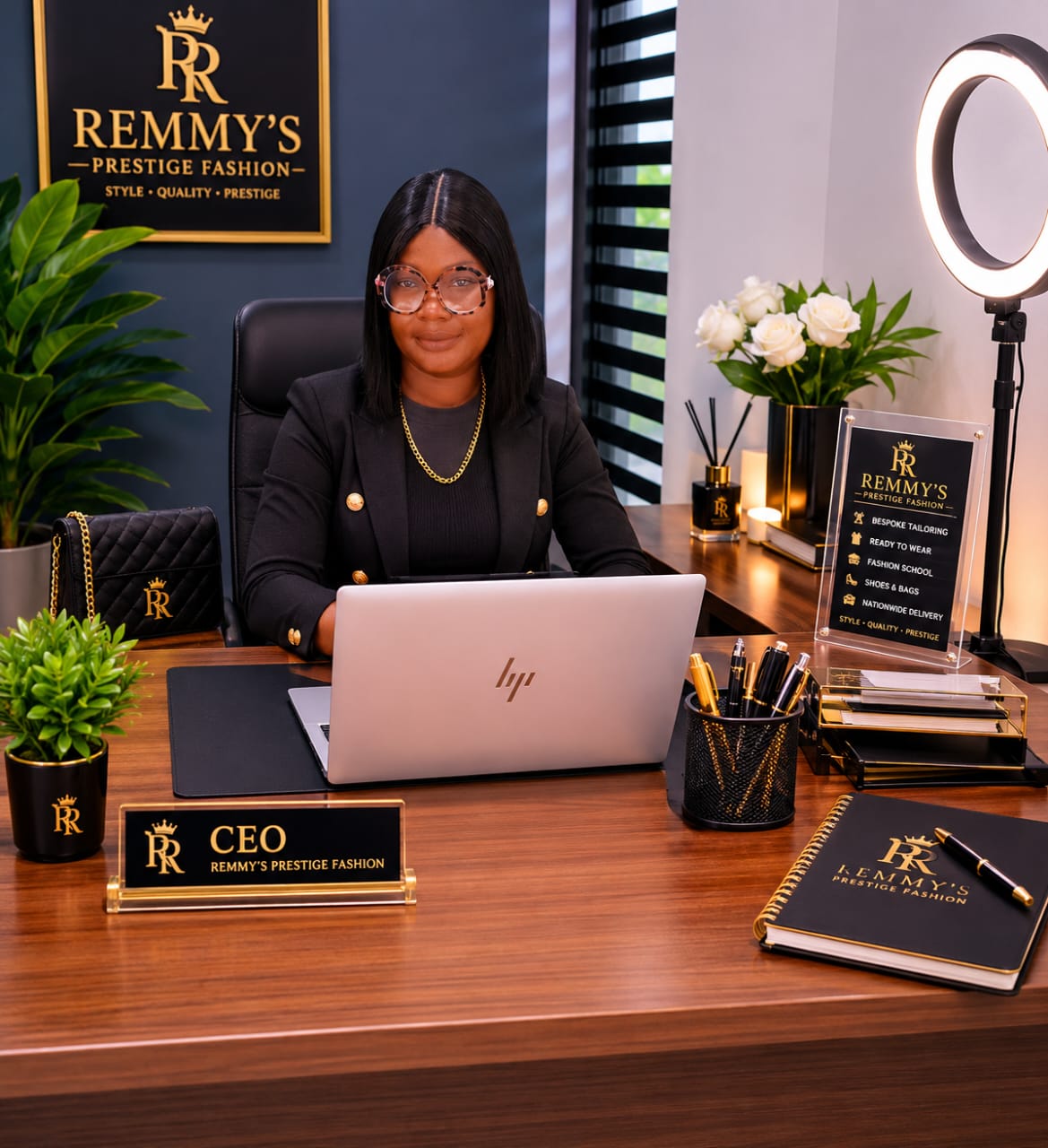 CEO of Remmy's Prestige Fashion in her office